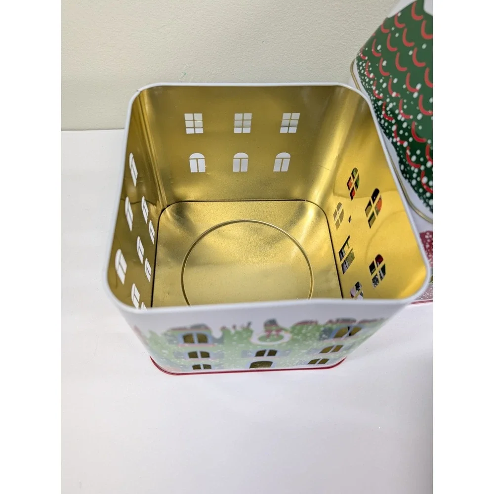 PartyLite Winter Village 3 Wick Candle Jar Tin unused Christmas Display Set Of 2